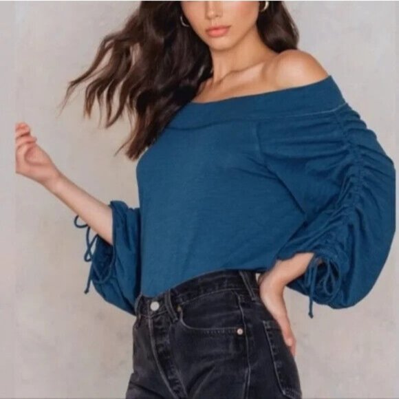 We The Free Tops - 𝅺we The Free Bohema Blue Ruched Sleeves Off The Shoulder Top Shirt Size M